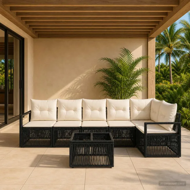 vidaXL Tuinbankenset 7 st Zwart poly rattan, foto 2