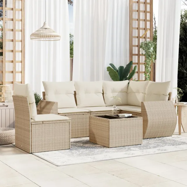 vidaXL 6-delige Loungeset met kussens poly rattan beige, foto 2