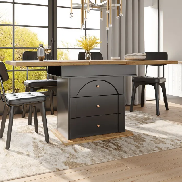 Maisentiel Uitschuifbare eettafel met opbergruimte - 110-140 x 80 cm - zwart en naturel