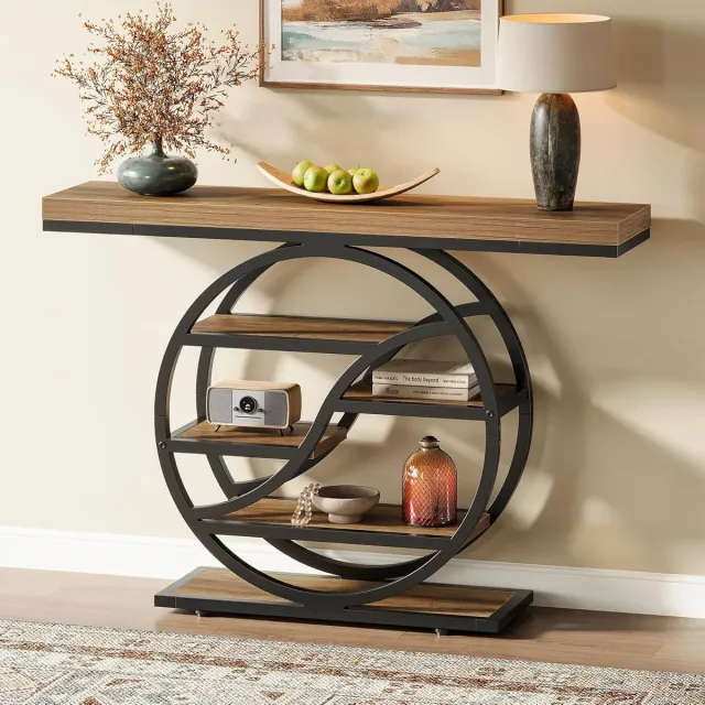 Tribesigns Consoletafe - industriële 5 Vaks Sidetable - Bruin - 120 x 30 x 88 cm - Smalle Houten Accent Tafels met Opbergplanken voor Hal, Woonkamer, Entree, Foyer