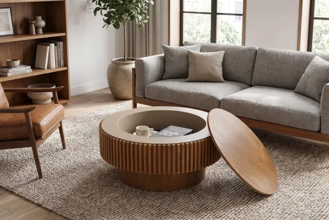 FloraGrace Salontafel - Rond Met Verborgen Opbergruimte - Voor Woonkamer En Slaapkamer - Massief Hout En MDF - Walnoot Zwart En Walnootkleur