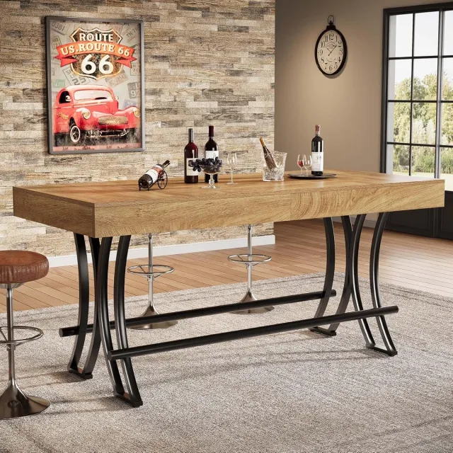 Tribesigns 160 cm Hoge Bartafel met Metalen Voetsteun - Rechthoekige Hoge Keuken en Pubtafel - Industriële Thuisbarunit - Bruin