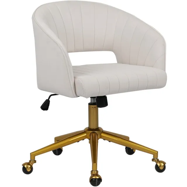 Merax Bureaustoel Met Armleuningen - Beige Fluweel - In Hoogte Verstelbaar - Verrijdbaar - Goudkleurig Metalen Onderstel - Home Office Stoel