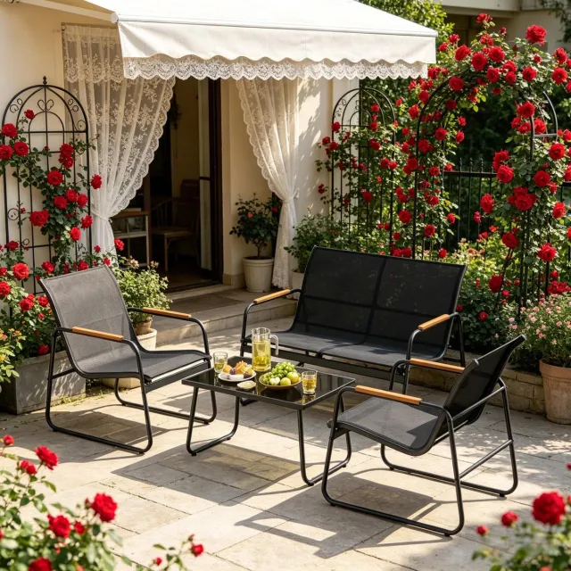 MODENUIT Loungeset 4-Delig - 2-Zitsbank met 2 Stoelen en Tafel - Voor Tuin en Balkon - Metaal Zwart
