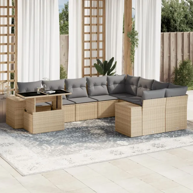 vidaXL 10-delige Loungeset met kussens poly rattan beige, foto 2