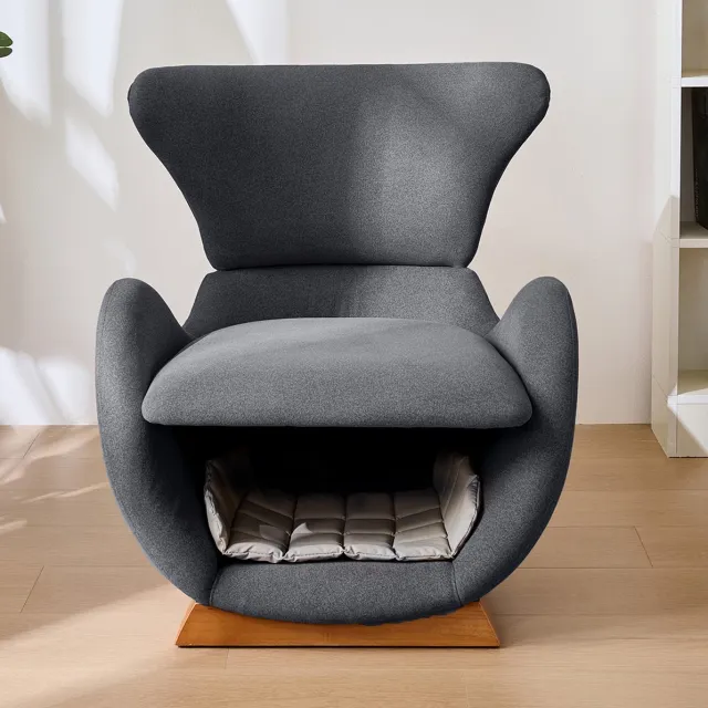 MEUNIQ Designer fauteuil met geïntegreerde huisdierniche, 66 x 69 x 76 cm, bekleding van stof, houten onderstel, grijs, voor woonkamer