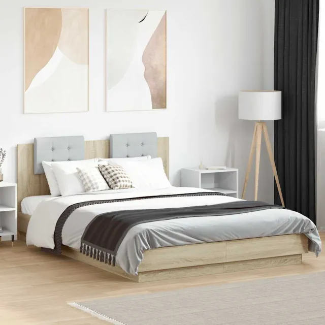 vidaXL Bedframe met hoofdbord en LED sonoma eikenkleurig 140x200 cm Bruin