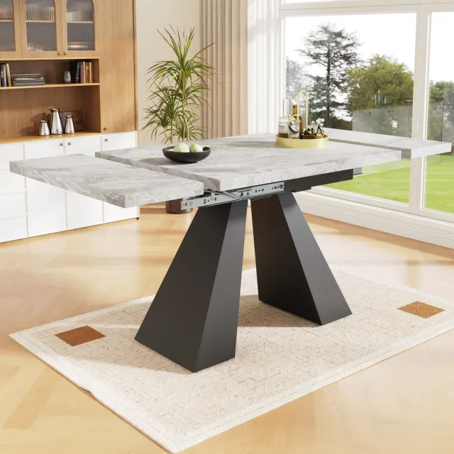 MEUNIQ uitrekbare eettafel 99-159 x 74 x 77 cm met MDF tafelblad in marmerlook en metalen onderstel voor eetkamer, woonkamer en thuiskantoor Zwart