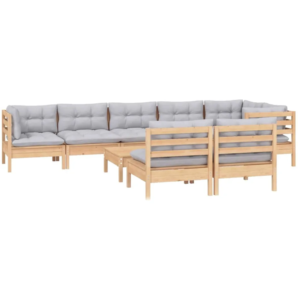 vidaXL 9-delige Loungeset met grijze kussens massief grenenhout Grijs