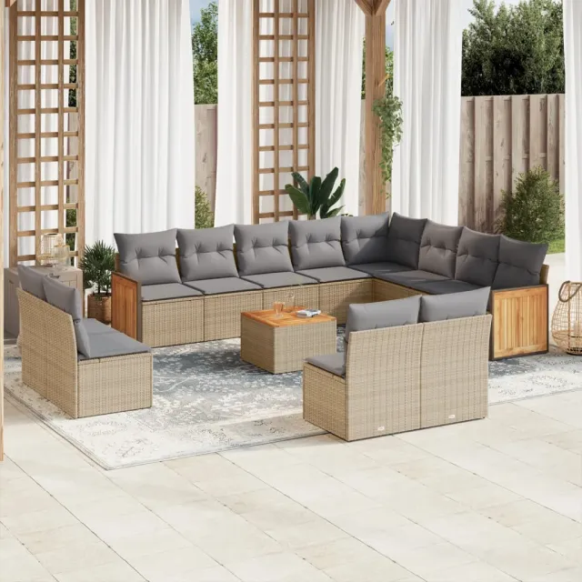 vidaXL 13-delige Loungeset met kussens poly rattan beige
