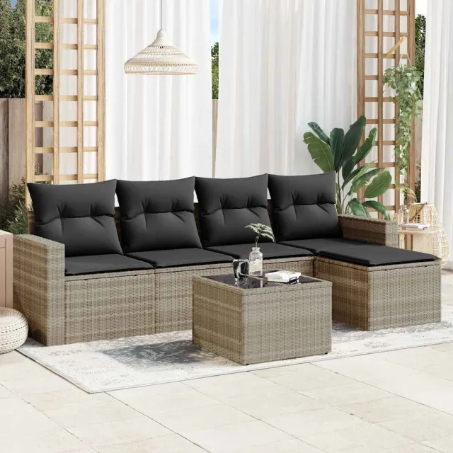 vidaXL 6-delige Loungeset met kussens poly rattan lichtgrijs grijs, foto 2