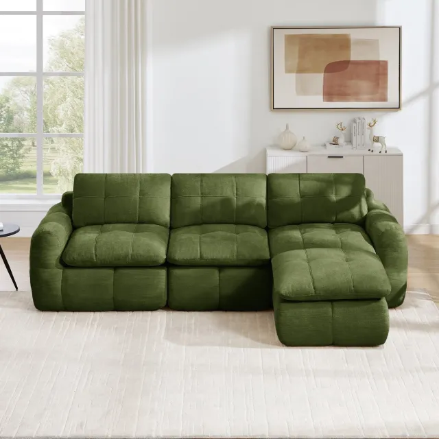STILVORA Hoekbank 264 x 160 cm - 3-Zits L-Vormig Modulair Met Ottoman En Montagevrij Ontwerp - Voor Woonkamer En Appartement - Chenille Groen