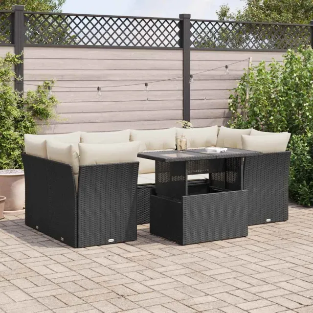 vidaXL 7-delige Loungeset met kussens poly rattan zwart, foto 2
