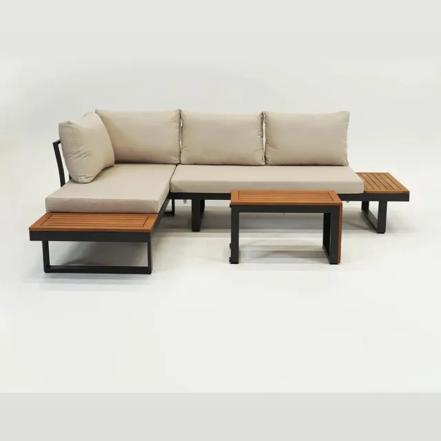 VITA Olympia loungeset - creme kussens - 5 opstellingen mogelijk - teaklook zij panelen - met tafel - met stelpootjes Taupe