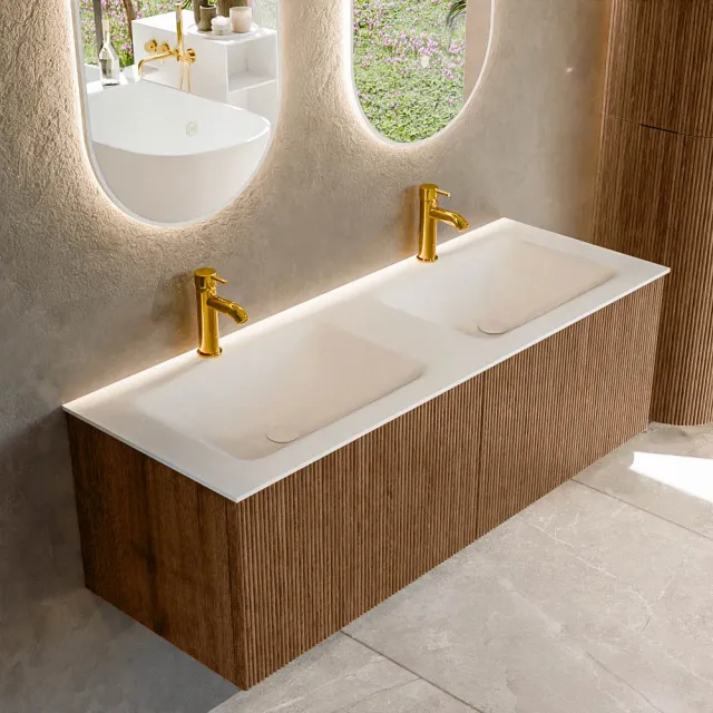 Mondiaz KURVE 130 cm Onderkast Greeploos 2 Lades Zonder Deuren Walnut, Wastafel Solid Surface Dubbel Talc 2 Kraangaten Zonder Spiegel (KRVCLO1302L0D2KD-Wal/Tal)