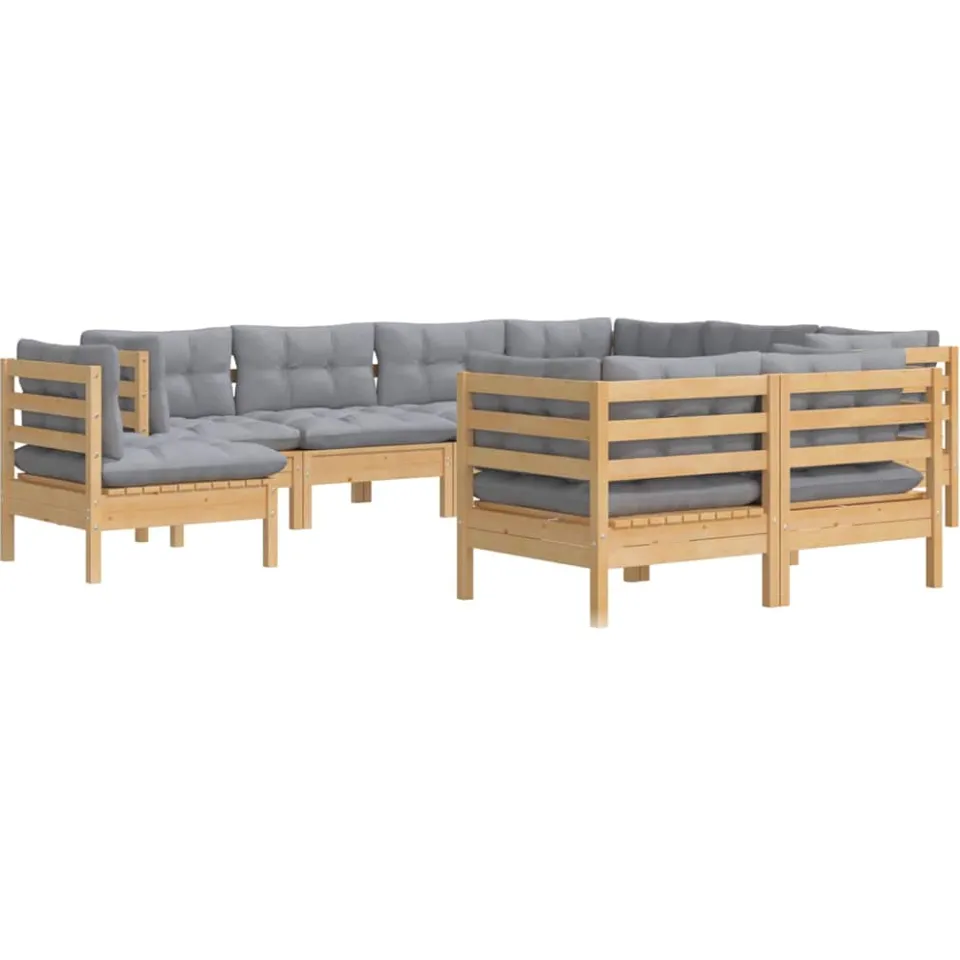 vidaXL 9-delige Loungeset met grijze kussens massief grenenhout Grijs