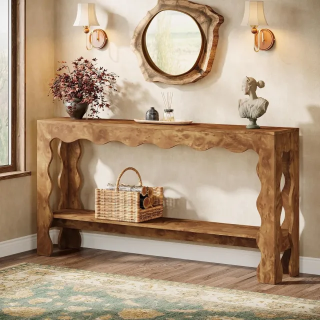 Tribesigns Consoletafel met 2 -laags - lichtbruin Sidetable - Hout - 160 x 30 x 85 cm - Smalle Consoletafel met 2 Niveaus voor Hal, Woonkamer, Entree
