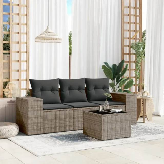 vidaXL 4-delige Loungeset met kussens poly rattan grijs, foto 2