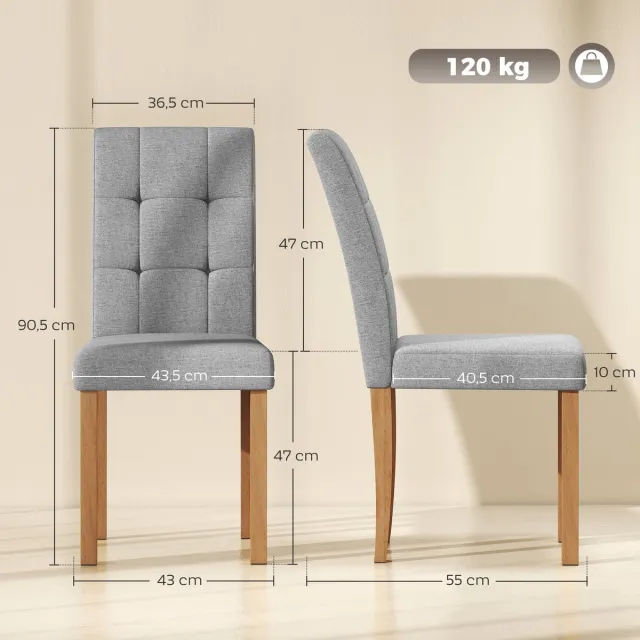 ECTEATOY Set van 2 Eetkamerstoelen - Moderne Keukenstoel met Gecapitonneerde Zitting - Linnen-look - Lichtgrijs
