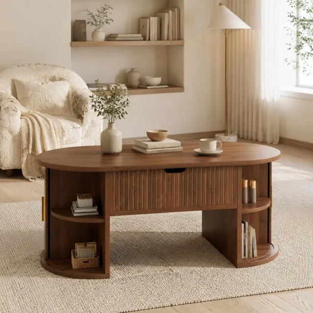 CHICFURN Salontafel - hoogteverstelbaar - ovale vorm - MDF - walnoot