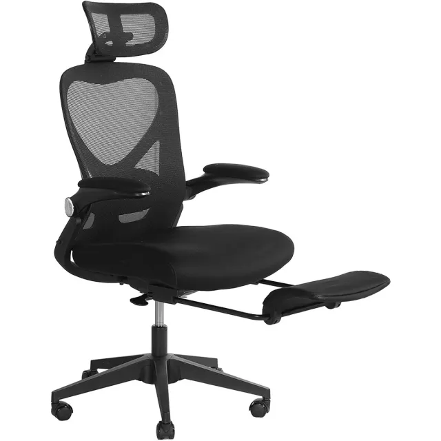 DESMIU Bureaustoel 67 cm - Ergonomisch Inklapbaar - 3D Hoofdsteun en Lendensteun - Voor Werk, Studie en Spelen - Netrug Zwart