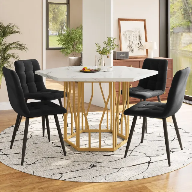 MODENUIT Eettafel 115,5 x 100 cm - Zeshoekig Met Marmerlook - Voor Eetkamer En Werkruimte - MDF Staal - Zwart Goud