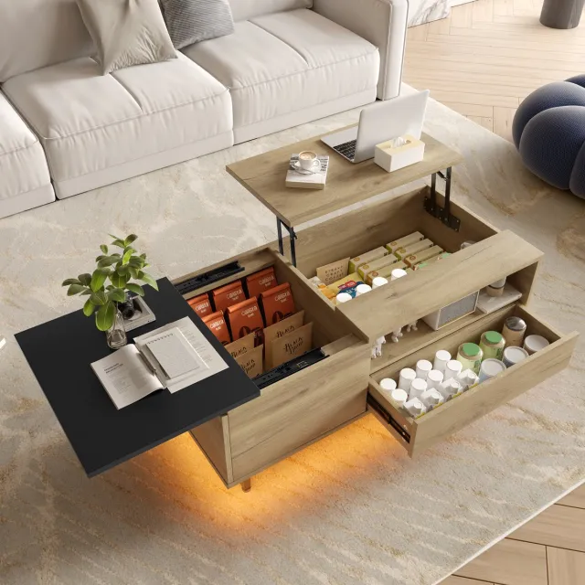 Wishdor Salontafel - In hoogte verstelbaar blad - Lade open vakken verborgen opbergruimte - Modern - Woonkamer thuiswerken - Houtlook metaal - Natuurlijk - 103,5 x 50 x 27,5 cm Naturel