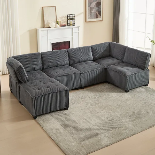 Welltin Hoekbank - Modulaire 6-zitsbank, corduroy stof, ergonomisch, opbergvakken, flexibel te combineren als U-vorm/L-vorm/slaapbank, stabiel frame - hout - metaal, eenvoudige montage - Grijs