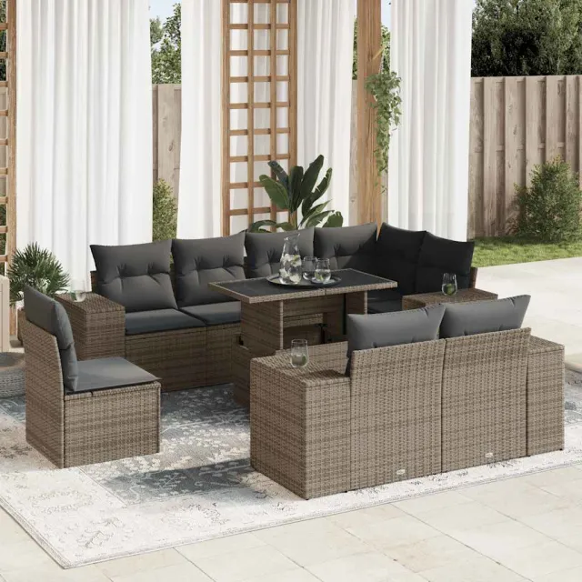 vidaXL 9-delige Loungeset met kussens poly rattan grijs, foto 2