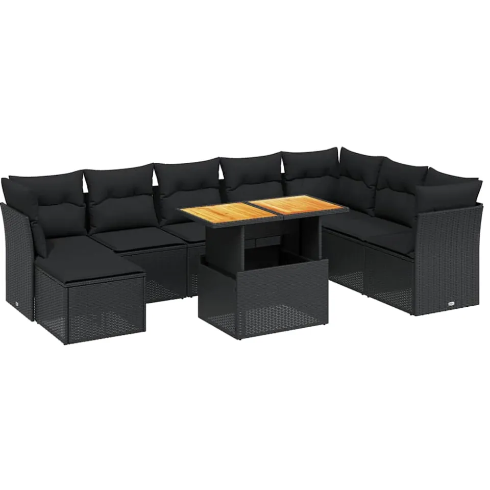 vidaXL 9-delige Loungeset met kussens poly rattan zwart, foto 3
