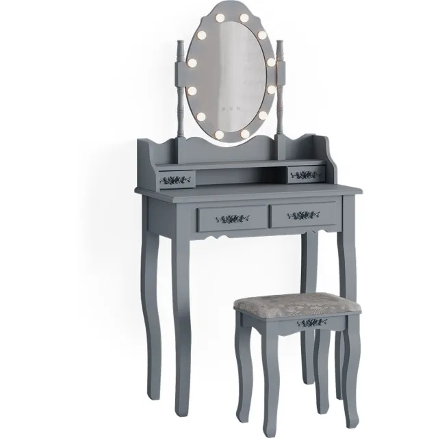 Vicco Kaptafel set met kruk Maggie, Grijs, 75 cm met LED-spiegel en kruk