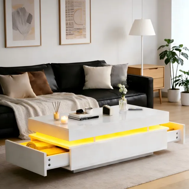 CHICFURN Salontafel - LED-verlichting - 2 lades - Wit