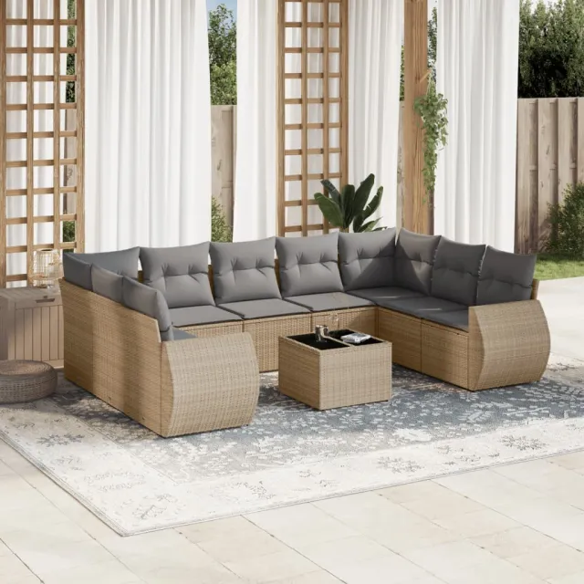 vidaXL 10-delige Loungeset met kussens poly rattan beige, foto 2