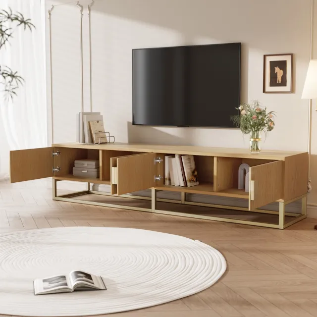 DESMIU Tv Meubel - Houtlook Met Vier Deuren En Softclose - Veel Opbergruimte Voor Woonkamer - MDF En Spaanplaat - 180x40x40 Cm - Houtkleur