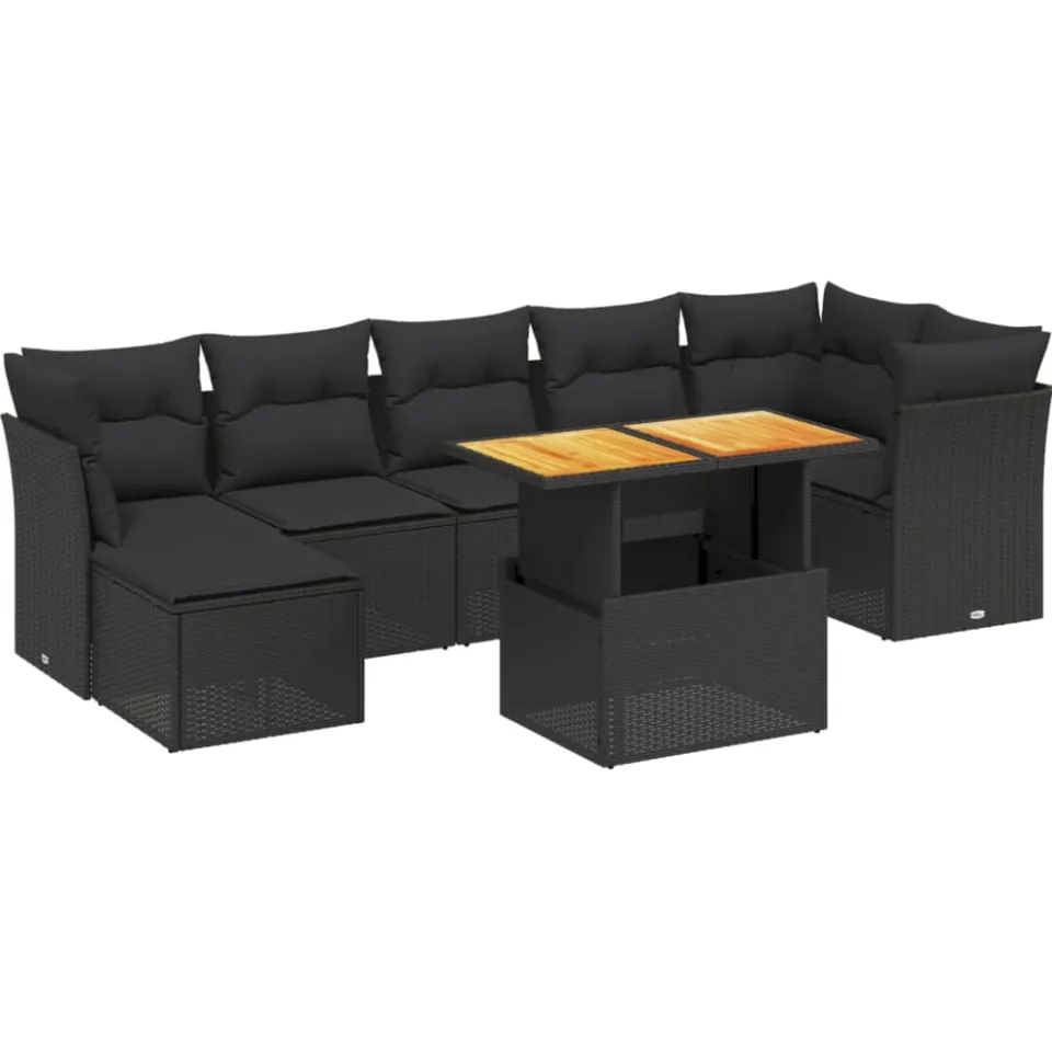 vidaXL 8-delige Loungeset met kussens poly rattan zwart