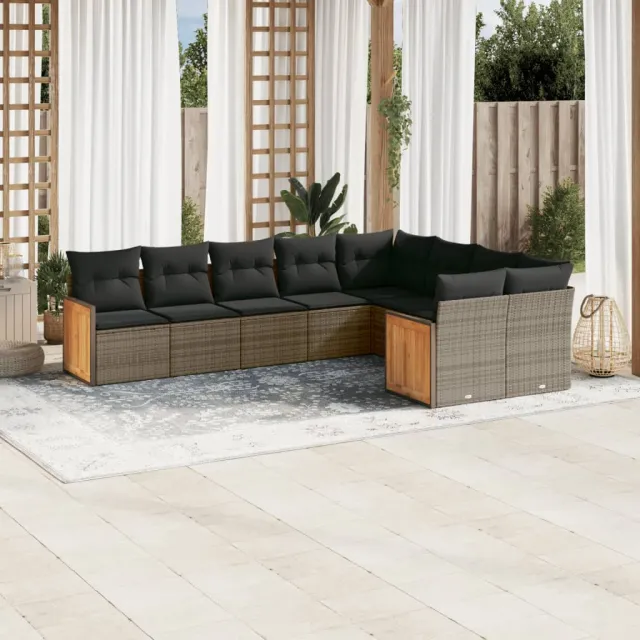 vidaXL 9-delige Loungeset met kussens poly rattan grijs, foto 2