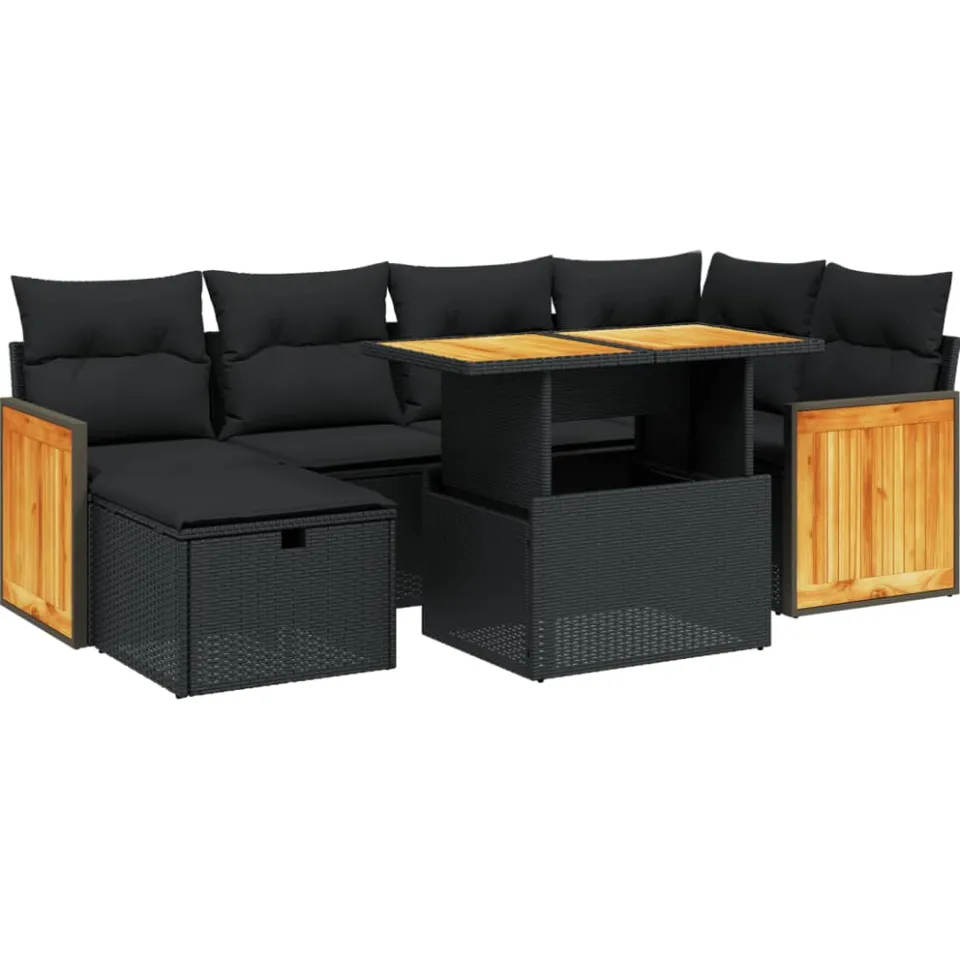 vidaXL 7-delige Loungeset met kussens poly rattan zwart, foto 3