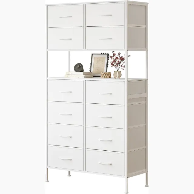 Nettaeseno Ladekast met 12 Stoffen Lades - Opbergkast met metalen Frame Slaapkamer - 35x80x162 cm - Wit