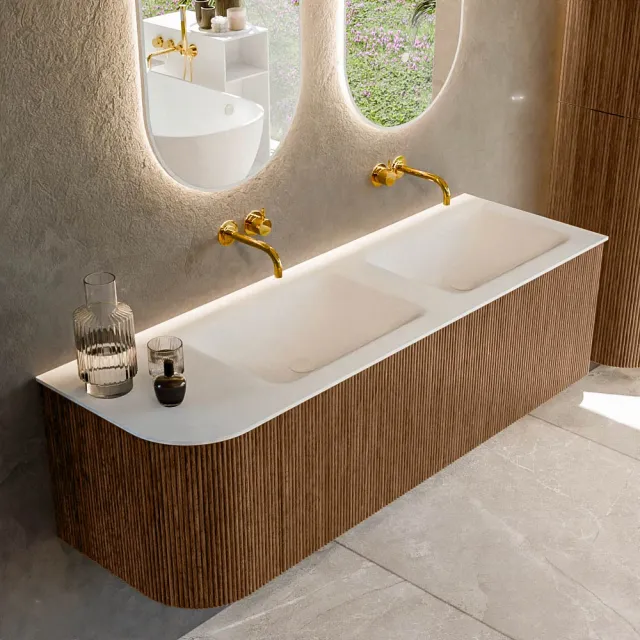 Mondiaz KURVE 145 cm Onderkast Greeploos 1 Lade Met Deuren Walnut, Wastafel Solid Surface Rechts Talc 0 Kraangaten Zonder Spiegel (KRVCLO145L1L1D0KD-Wal/Tal)
