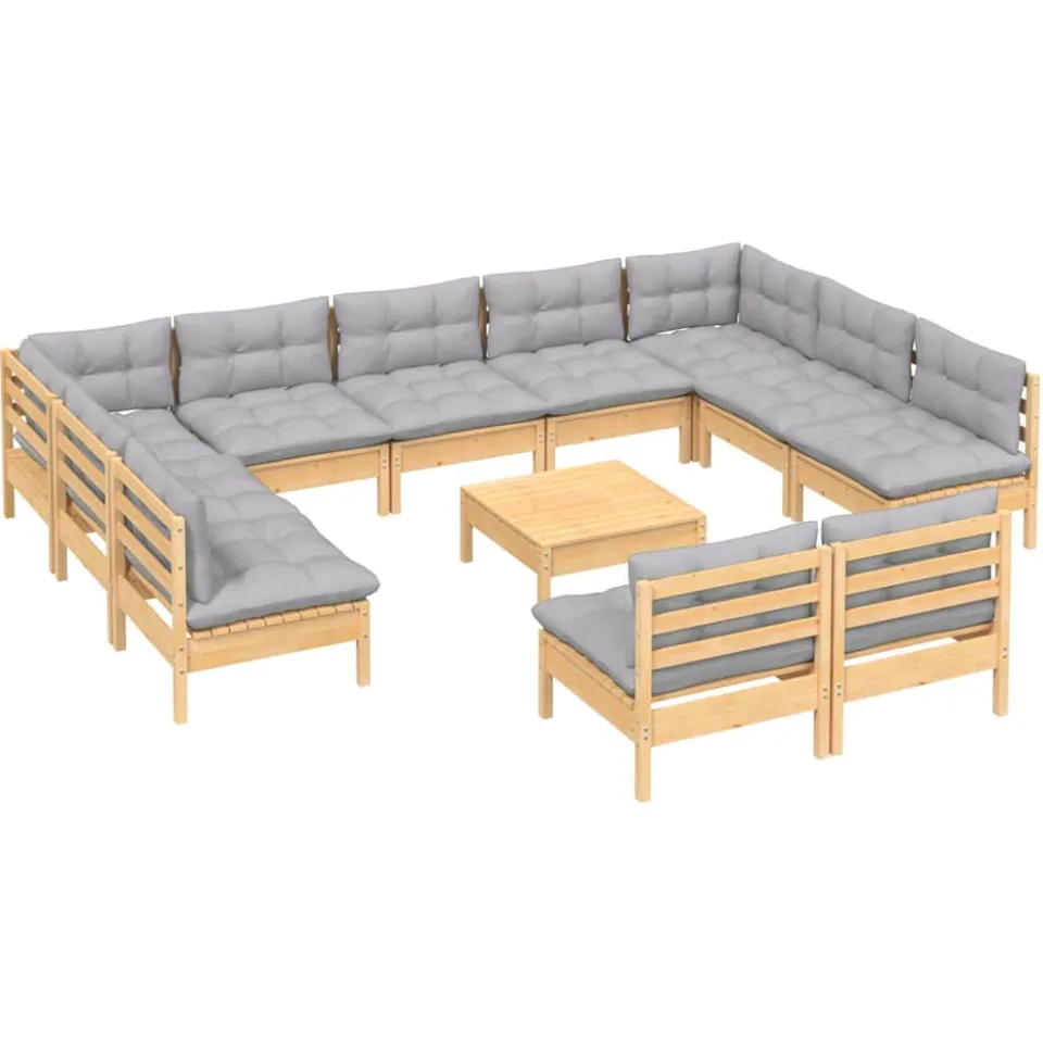 vidaXL 12-delige Loungeset met grijze kussens massief grenenhout Grijs