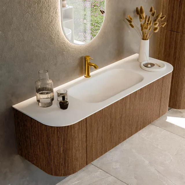 Mondiaz KURVE 140 cm Onderkast Greeploos 1 Lade Met Deuren Walnut, Wastafel Solid Surface Midden Talc 1 Kraangat Zonder Spiegel (KRVBGS140L+R1L2D1KM-Wal/Tal)
