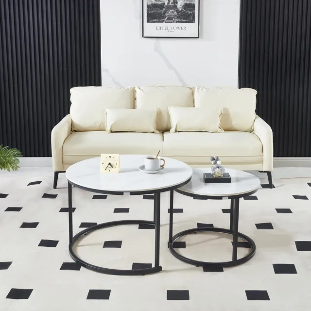 EleganceEssentials Luxe Salontafel Set - Wit Hoogglans marmer look keramiek & Zwarte Poten - Ø70 & Ø50cm - Marmerlook - Ronde salontafel Bijzettafel - Sterk & Stijlvol - Salontafel zwart Wit, Zwart