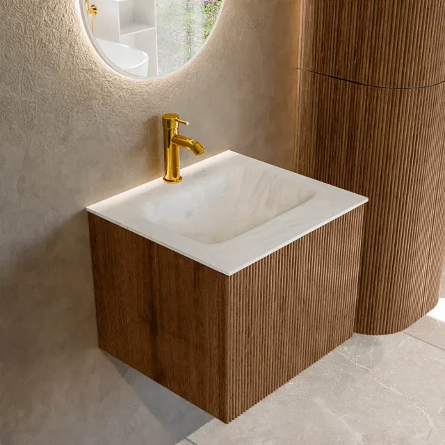 Mondiaz KURVE-DLUX 50 cm Onderkast Greeploos 1 Lade Zonder Deuren Walnut, Wastafel Solid Surface Midden Opalo 1 Kraangat Zonder Spiegel (KRVGRU501L0D1KM-Wal/Opa)