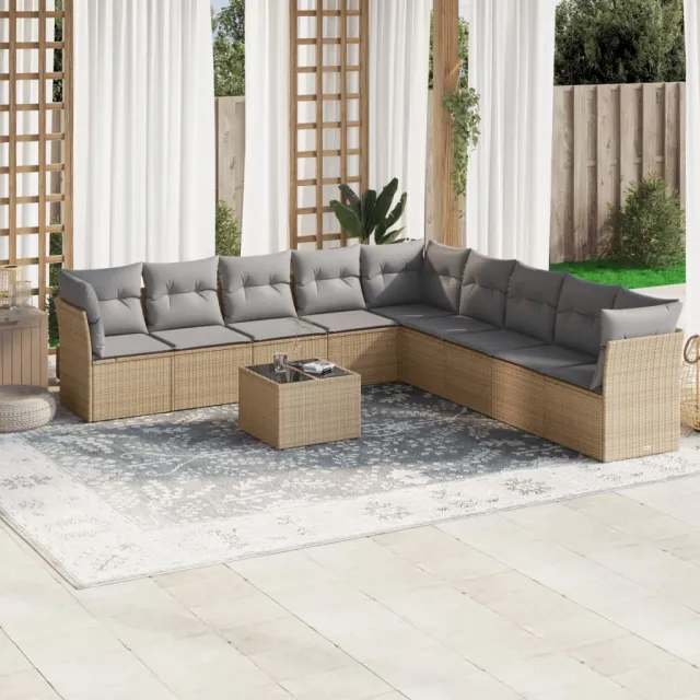 vidaXL 10-delige Loungeset met kussens poly rattan beige