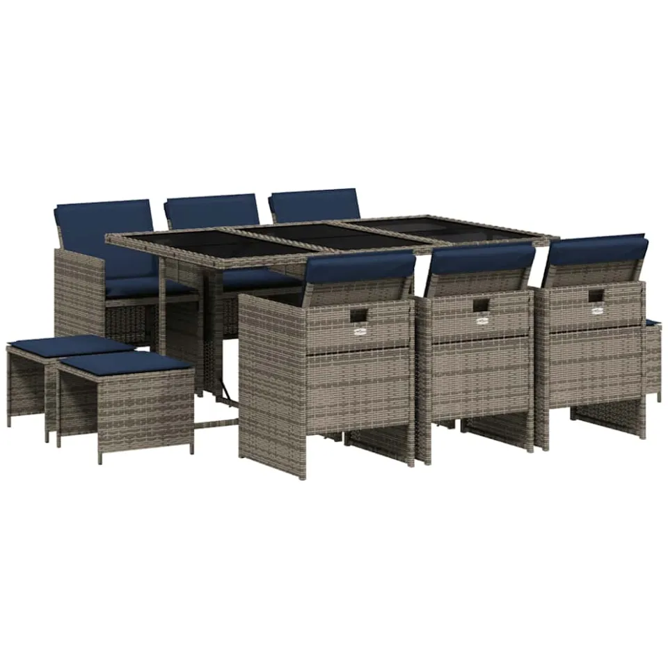 vidaXL 11-delige tuinset met kussens, grijs polyrotan