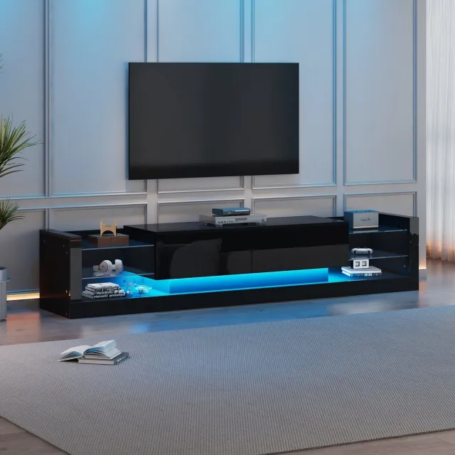 MIVRAY Tv Meubel - Hoogglans Met Ledverlichting En Glasfront - 2 Neerklapbare Lades Voor Woonkamer - Spaanplaat - Zwart - 181x38x38 Cm