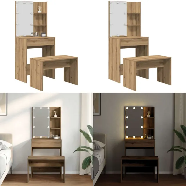 vidaXL Kaptafelset - met - LED-verlichting - bewerkt - hout - artisanaal - eiken