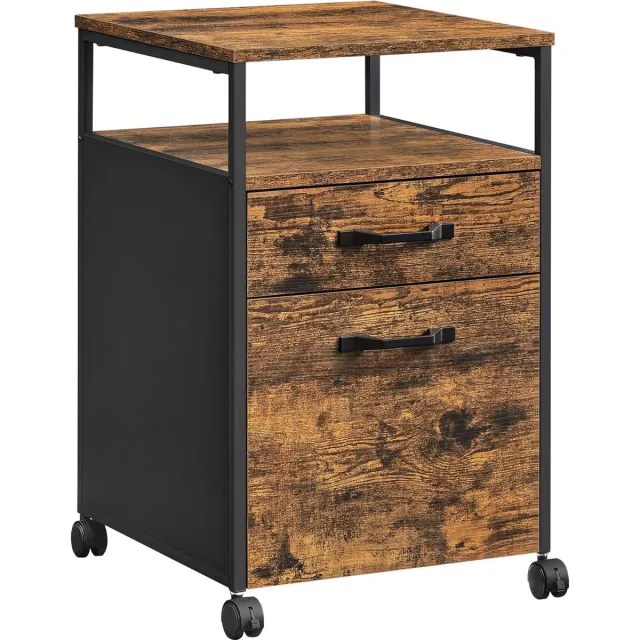 Nancy's Archiefkast met 2 laden | verrijdbare kantoorkast| verrijdbaar onderstel | open compartiment, hangdossier | stabiel stalen frame | industrieel ontwerp | vintage bruin-zwart