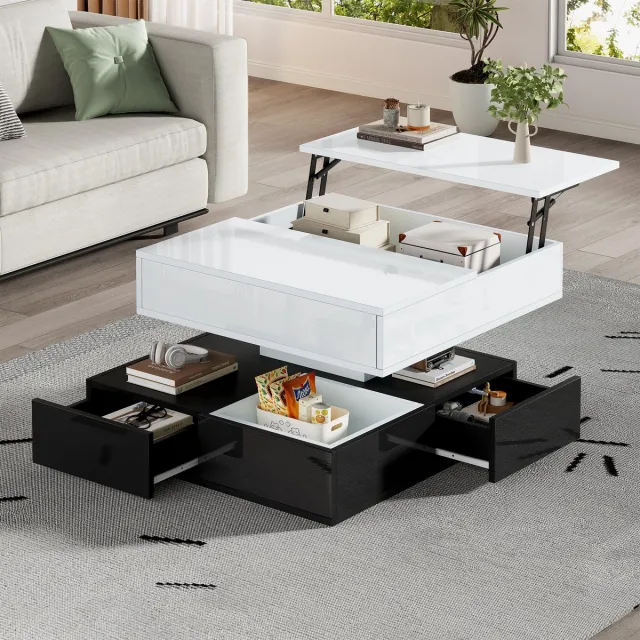 Clruro Salontafel - 70 x 70 x 40 cm - 360° Draaibare Bovenkant met 3 Lades - Hoogglans Geometrisch - Verstelbare Hoogte - Hout - Wit/Zwart Wit+Zwart