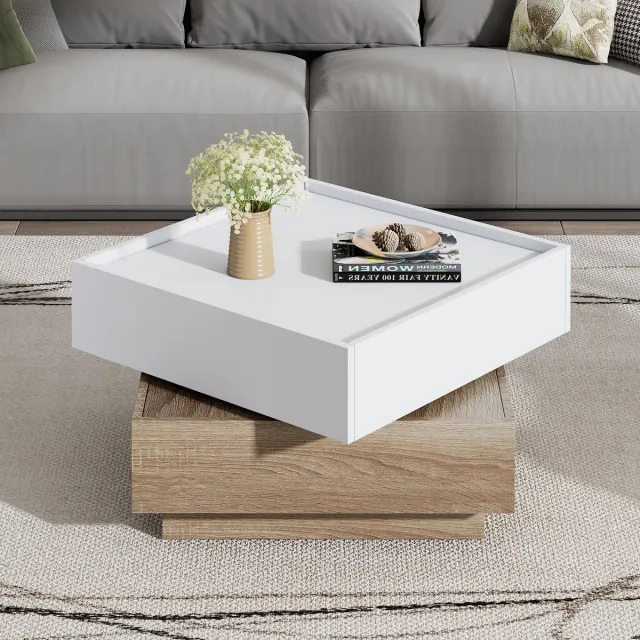 REDOM Draaibare salontafel 360° met 2 niveaus en schuifladen, walnoot/wit, robuuste spaanplaat, 60×60×38 cm Natuurlijk walnotenhout